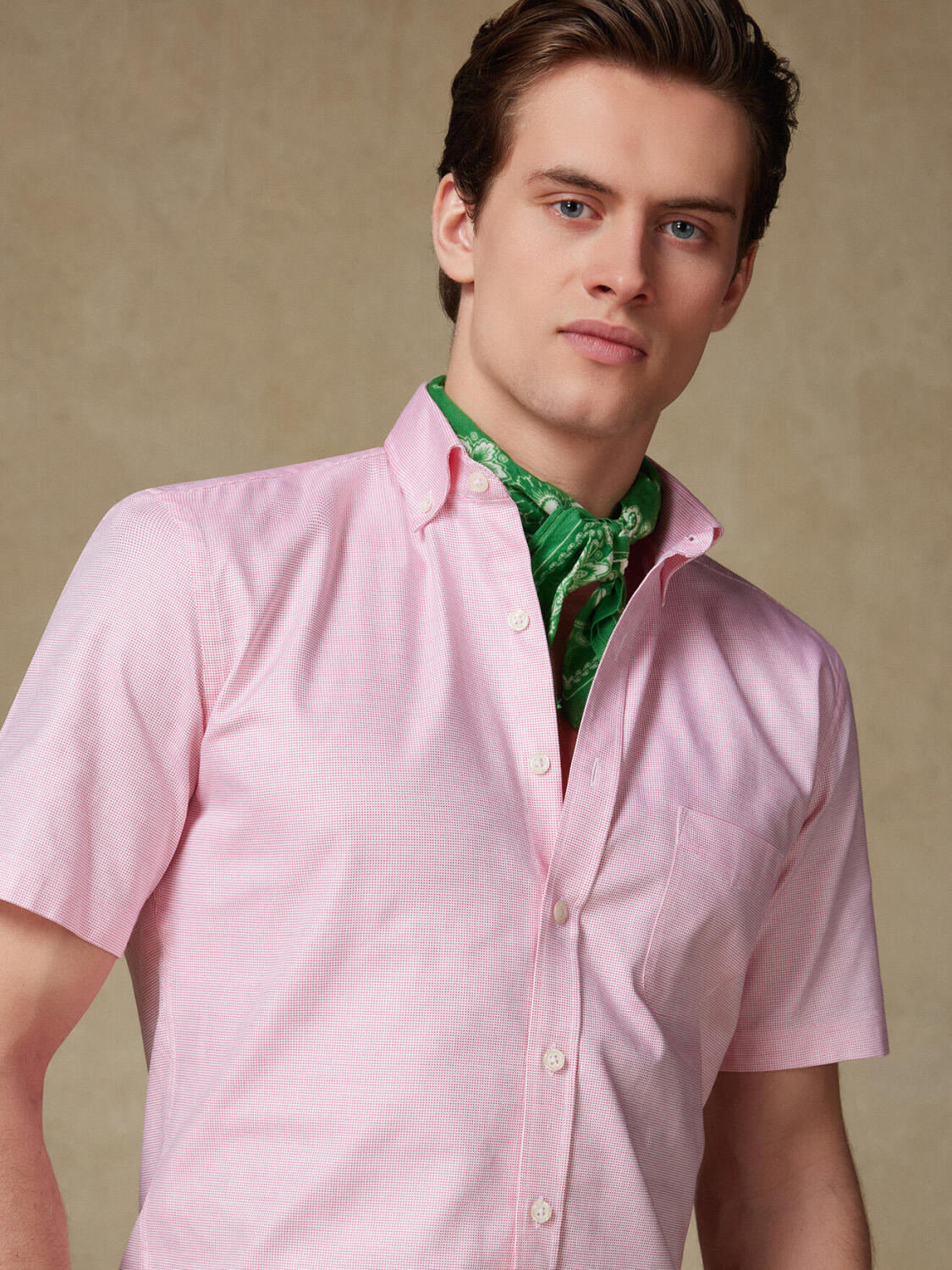 Chemise manches courtes en natté fuchsia - Col boutonné