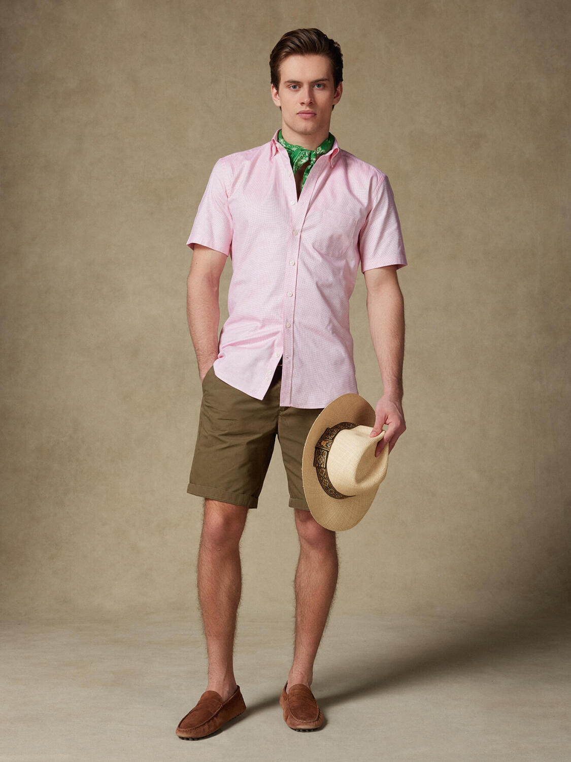 Chemise manches courtes en natté fuchsia - Col boutonné