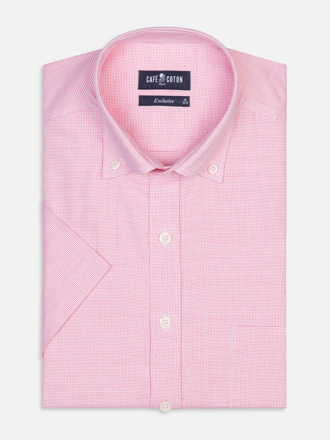 Chemise manches courtes en natté fuchsia - Col boutonné