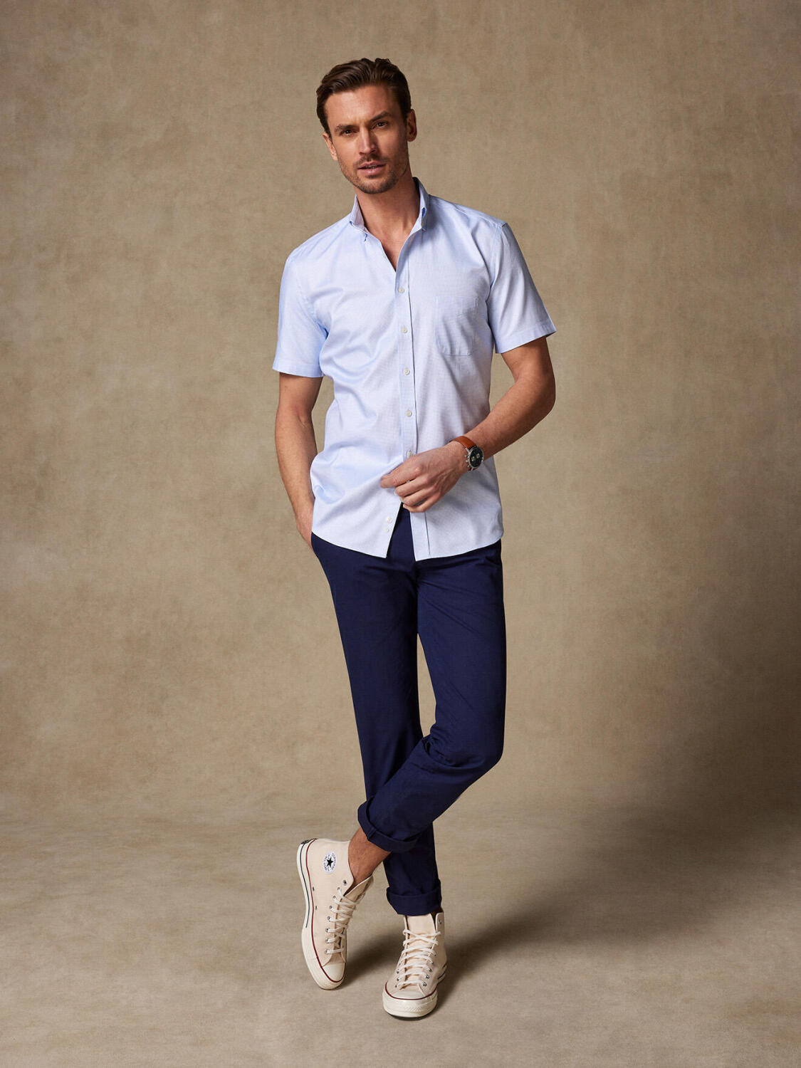 Camicia a maniche corte in natté celeste - Colletto button-down