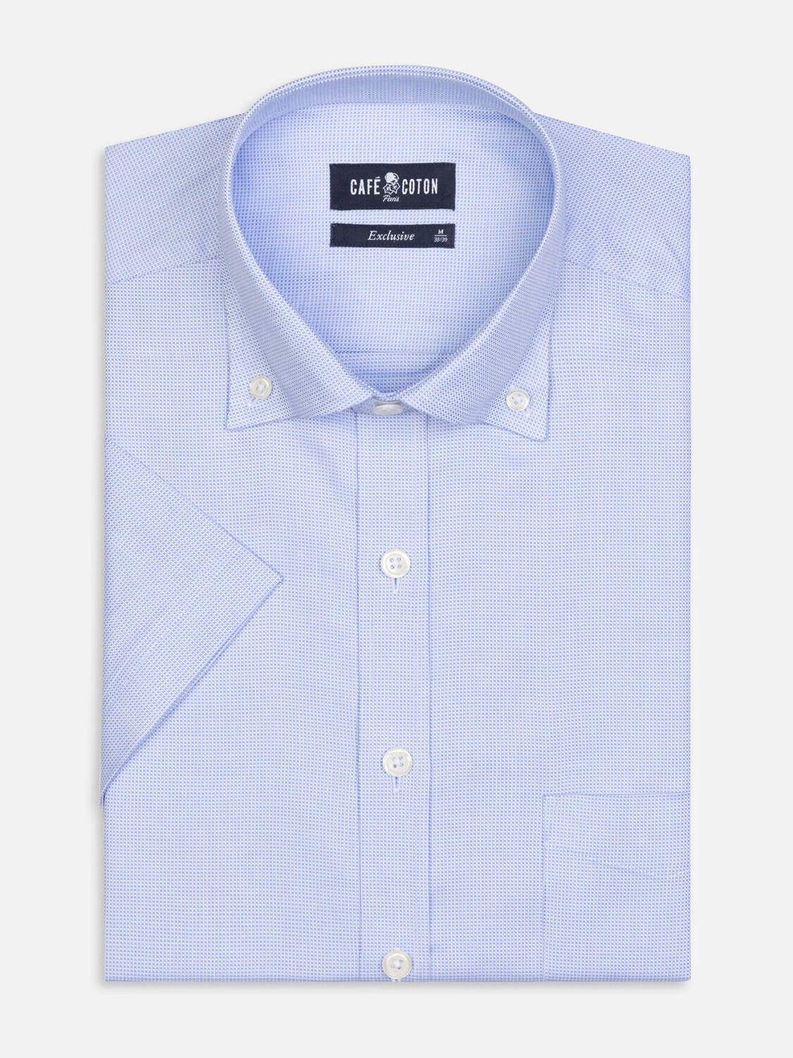 Camicia a maniche corte in natté celeste - Colletto button-down