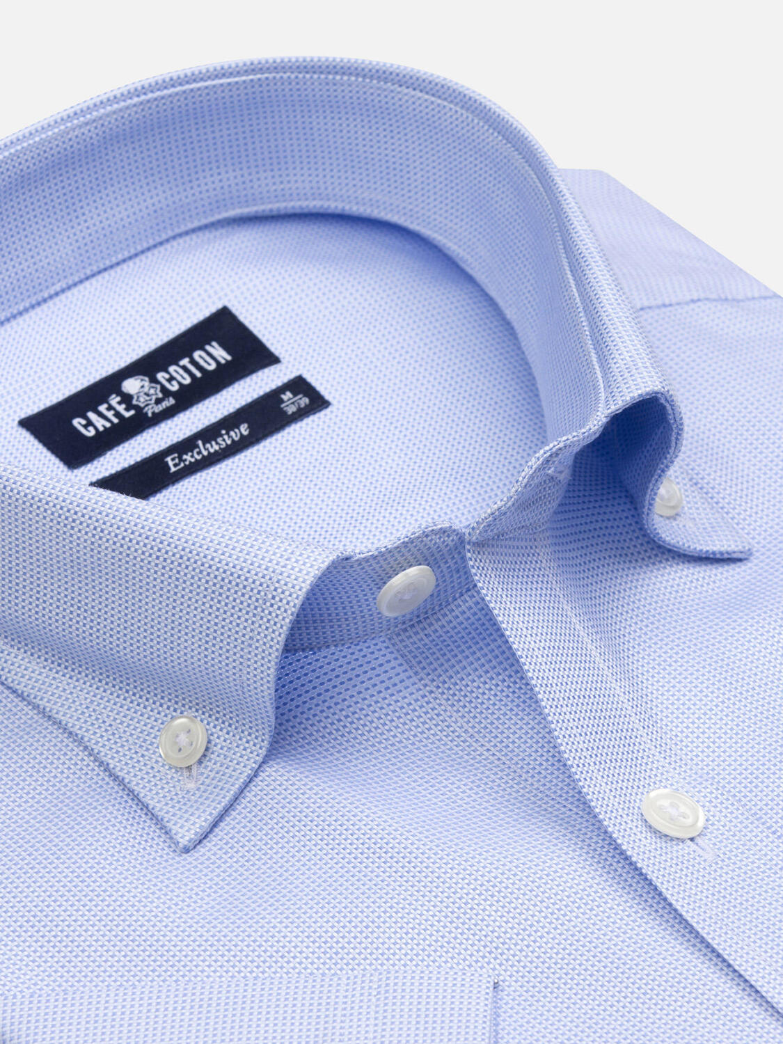 Camicia a maniche corte in natté celeste - Colletto button-down