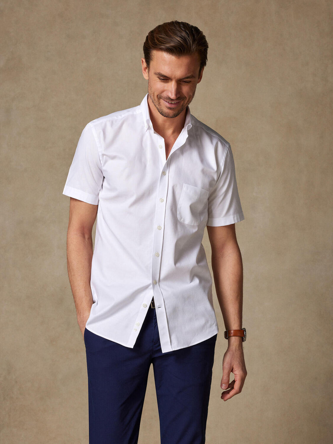 Chemise manches courtes en oxford blanc - Col Boutonné - Col boutonné