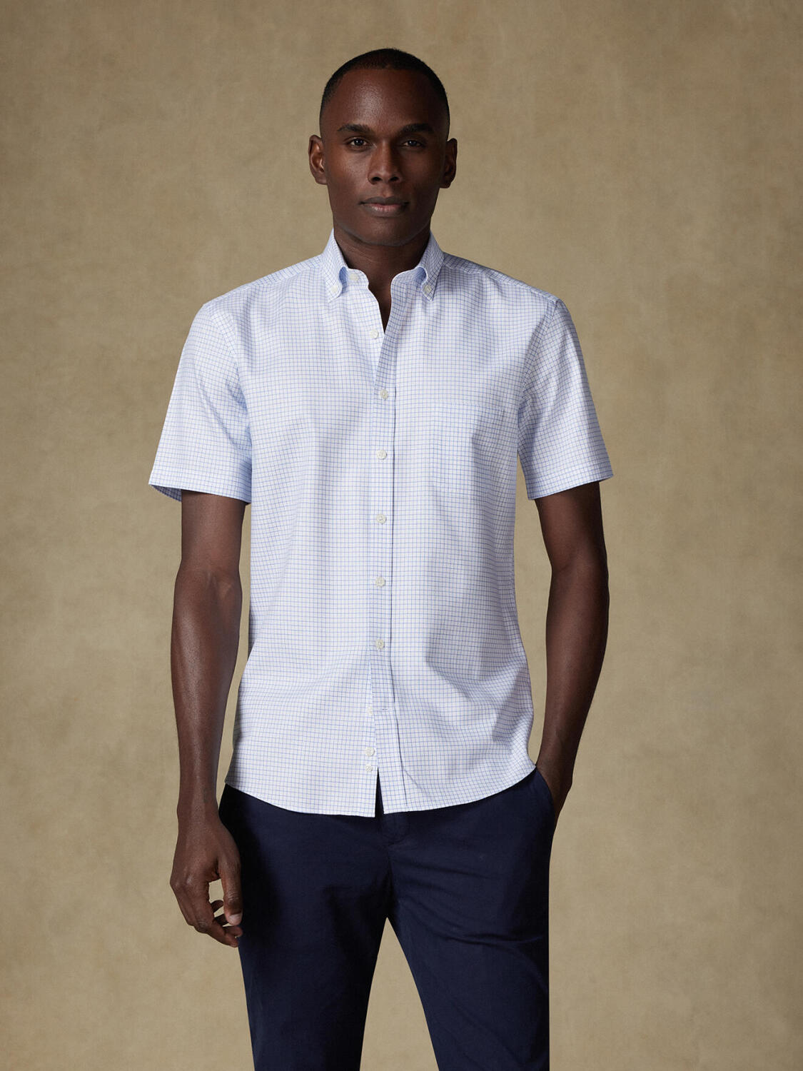 Chemise manches courtes Oleg à carreaux bleus - Col boutonné