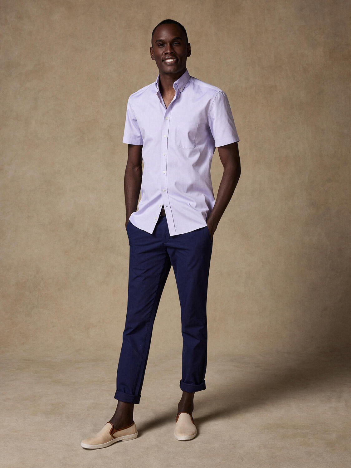 Overhemd met korte mouwen in pinpoint lila - Buttown down