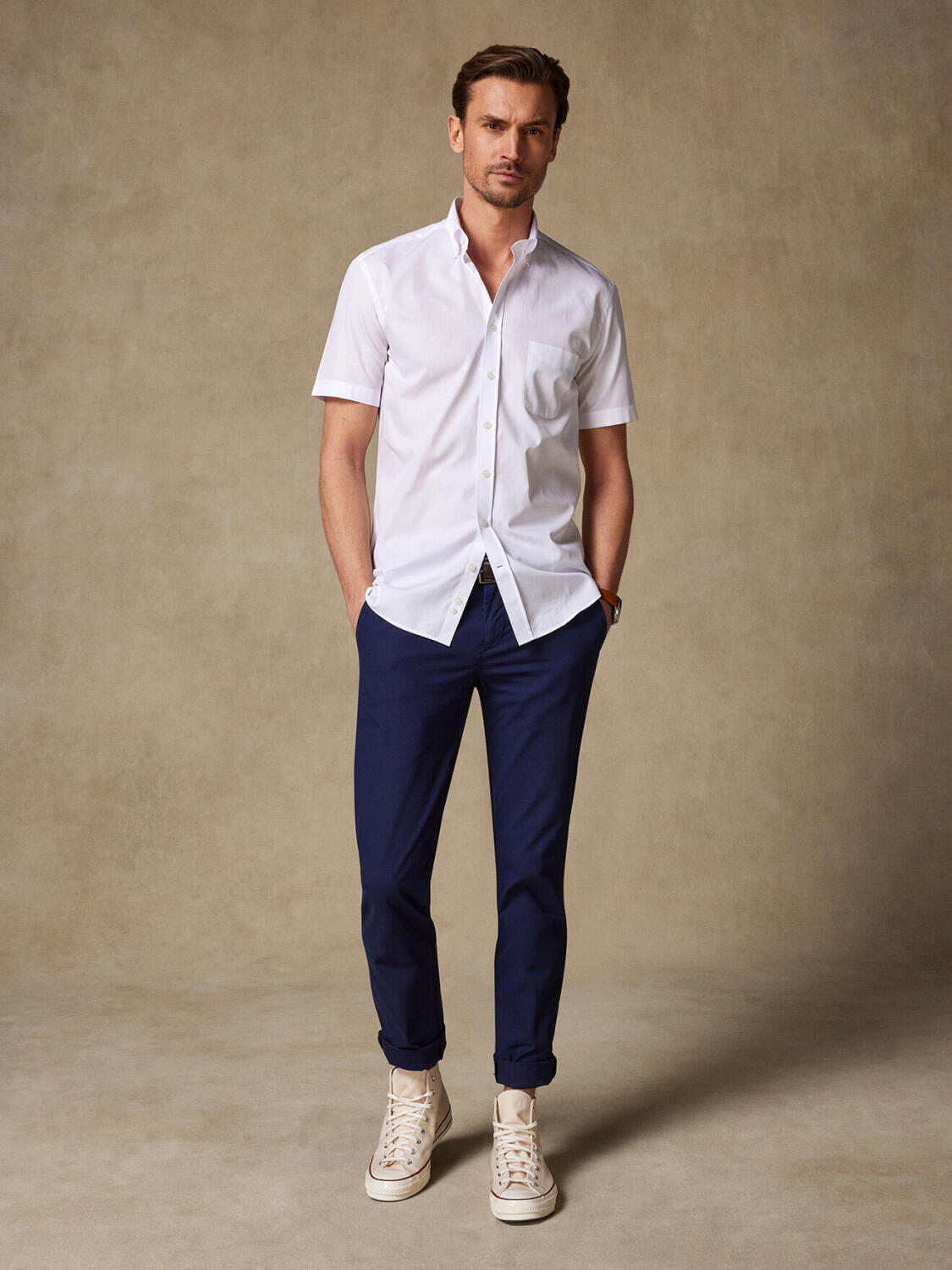 Chemise manches courtes en popeline blanche - Col boutonné