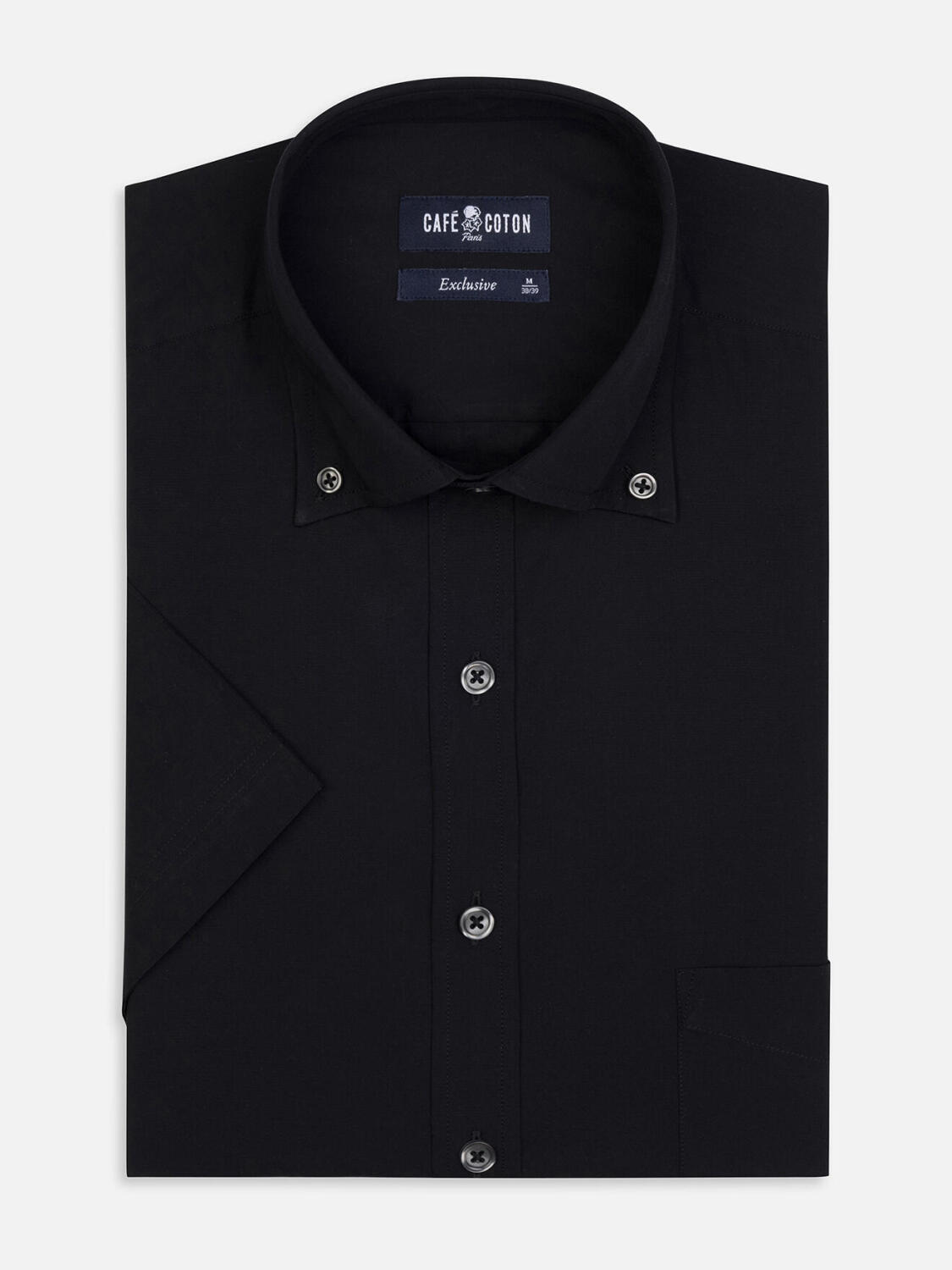 Camisa manga corta de popelina nera - Cuello Abotonado