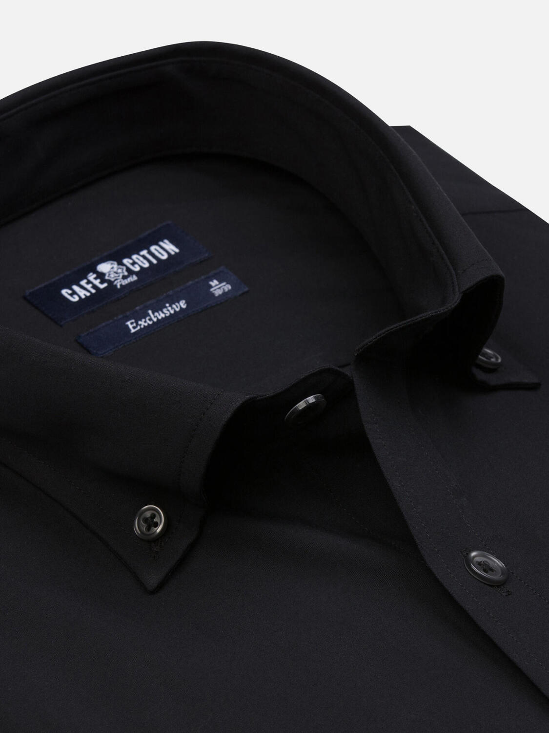 Camisa manga corta de popelina nera - Cuello Abotonado