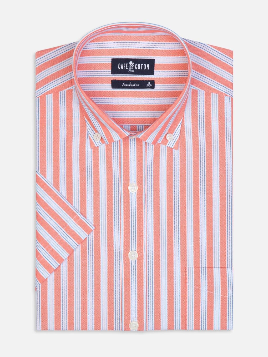 Camicia a maniche corte Robin a righe arancioni - Collo button down