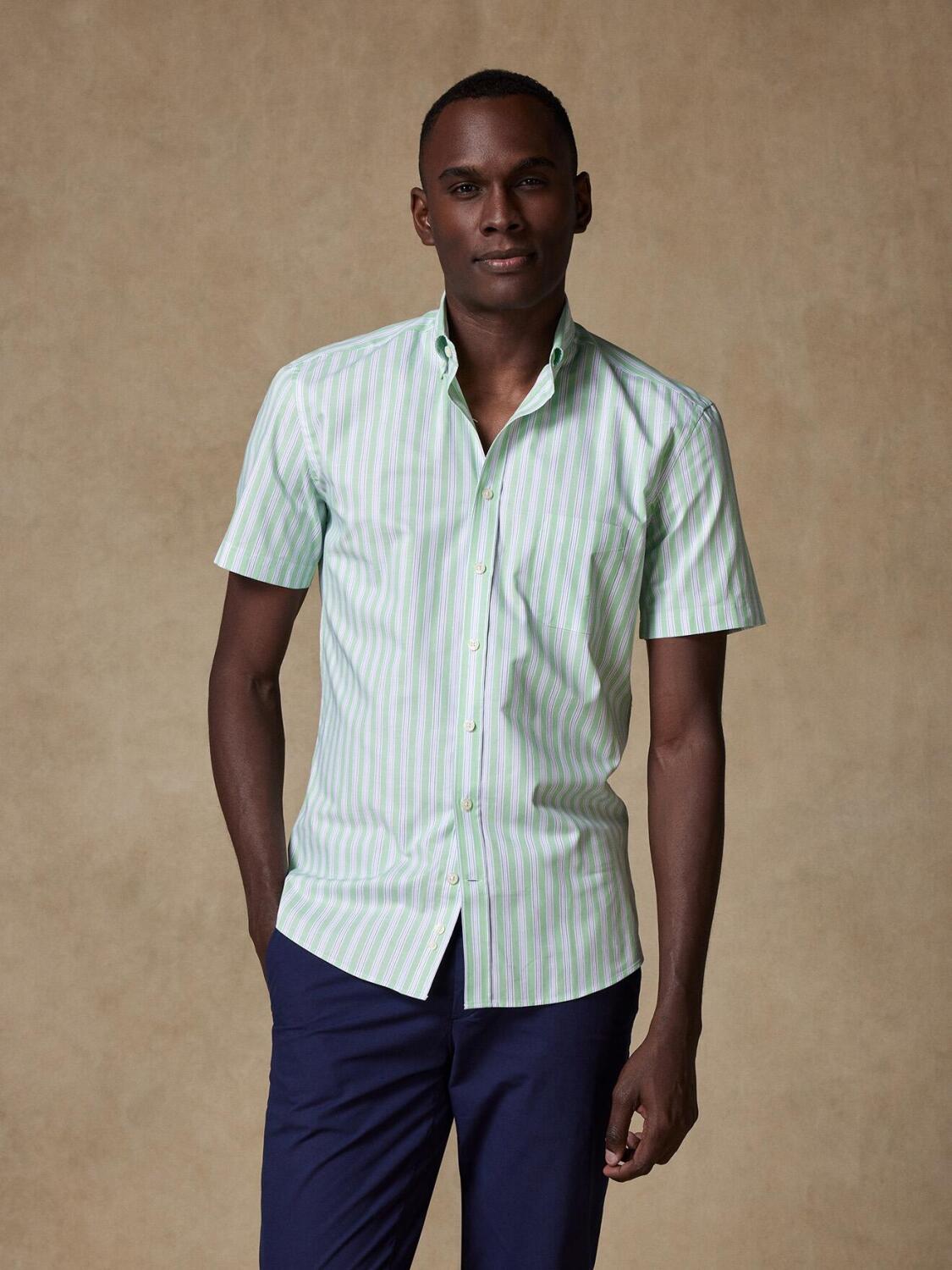 Chemise &agrave; manches courtes Robin &agrave; rayures vertes - Col Boutonn&eacute;