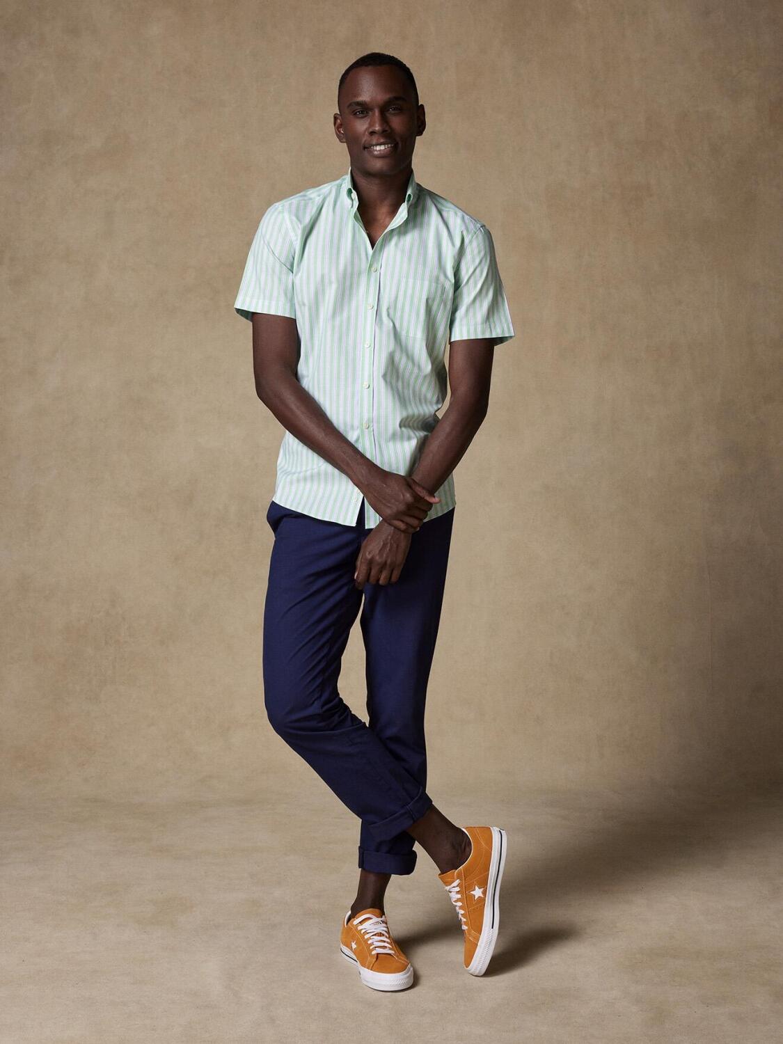 Chemise &agrave; manches courtes Robin &agrave; rayures vertes - Col Boutonn&eacute;