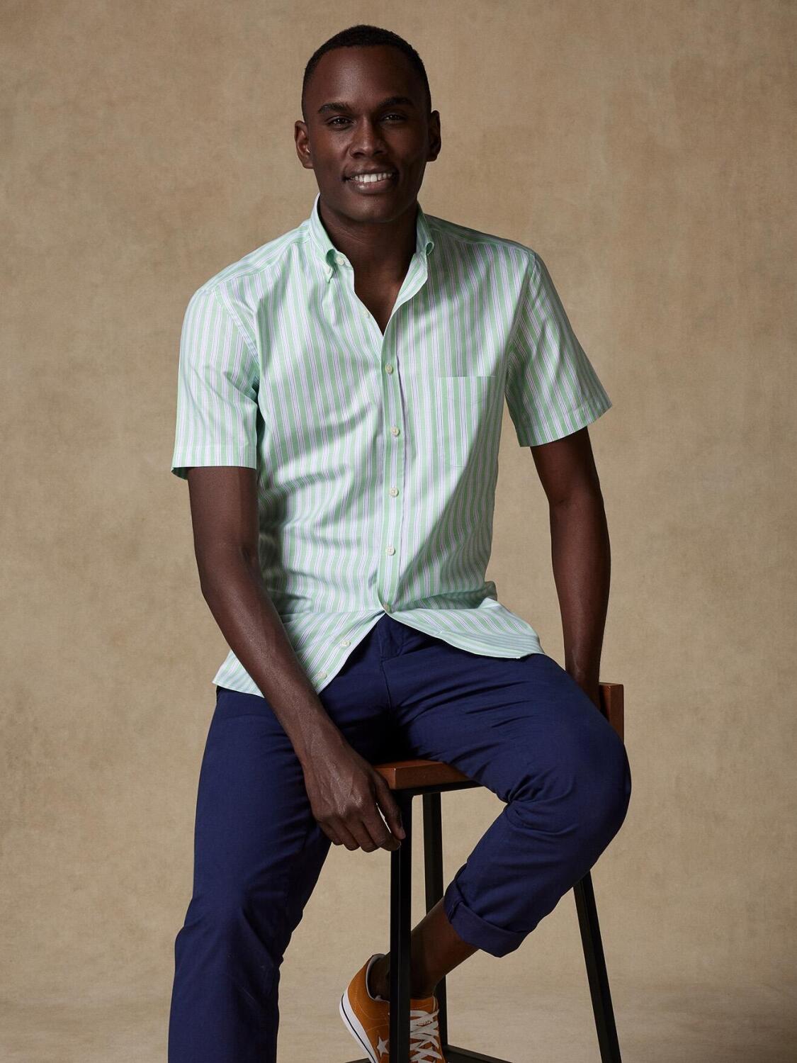 Chemise &agrave; manches courtes Robin &agrave; rayures vertes - Col Boutonn&eacute;