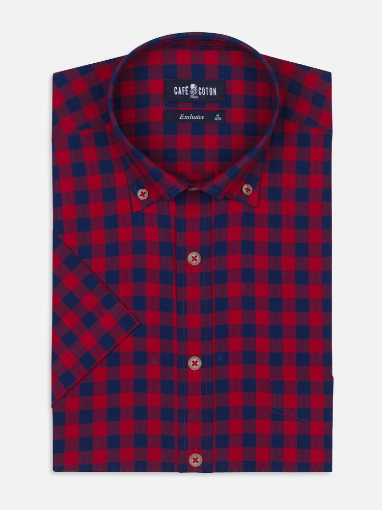 Navy checks red popelin shirt - Short sleeves