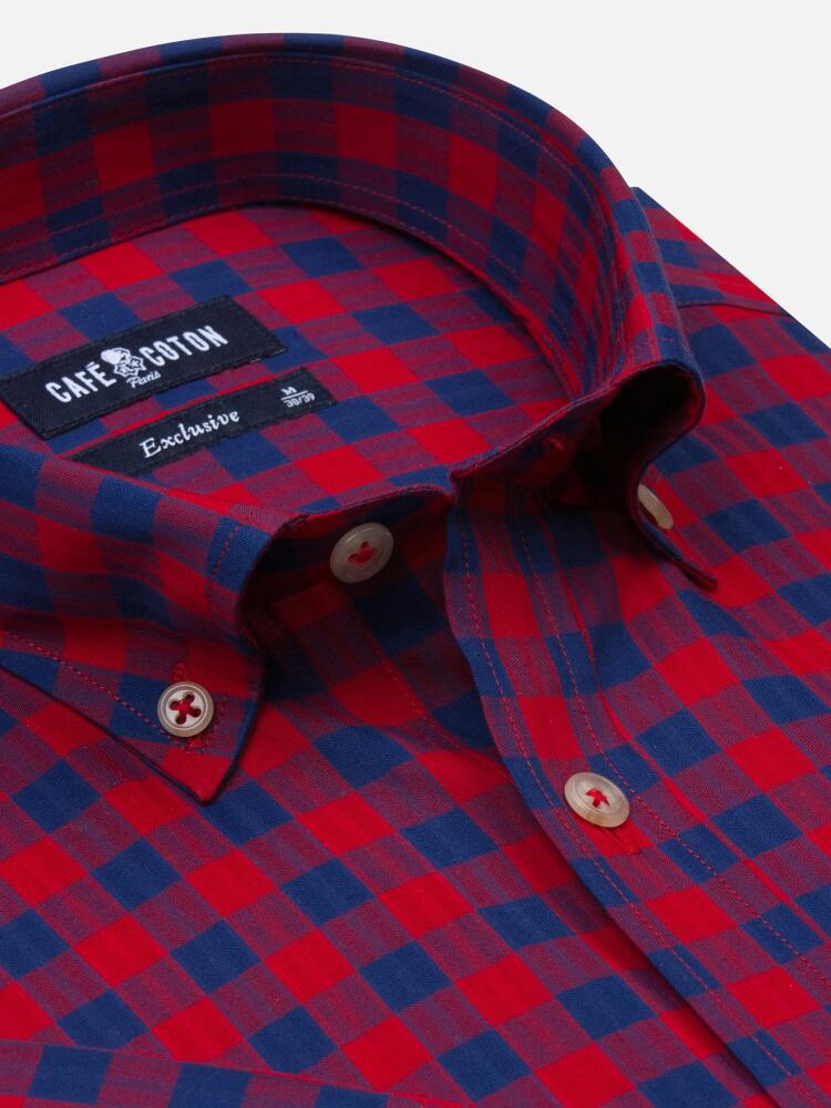 Navy checks red popelin shirt - Short sleeves