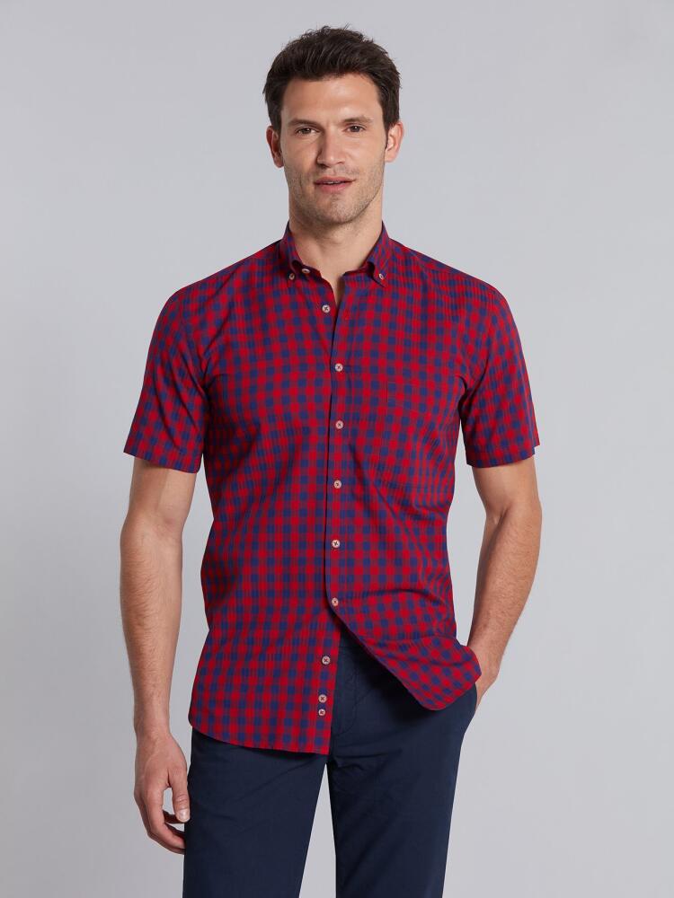 Navy checks red popelin shirt - Short sleeves