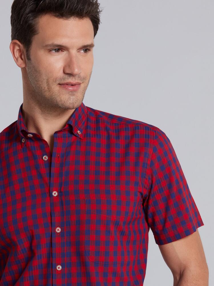 Navy checks red popelin shirt - Short sleeves