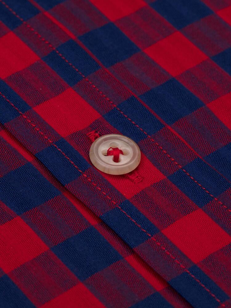 Navy checks red popelin shirt - Short sleeves