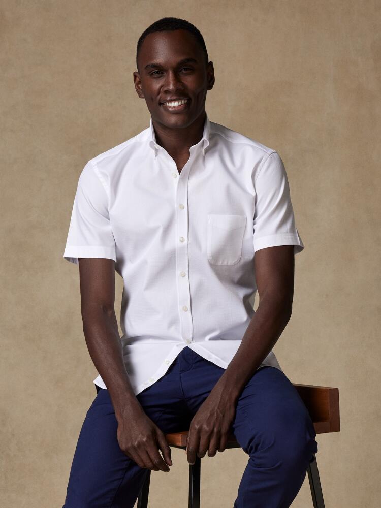 White textured Tea short sleeves shirt  - Buttoned collar