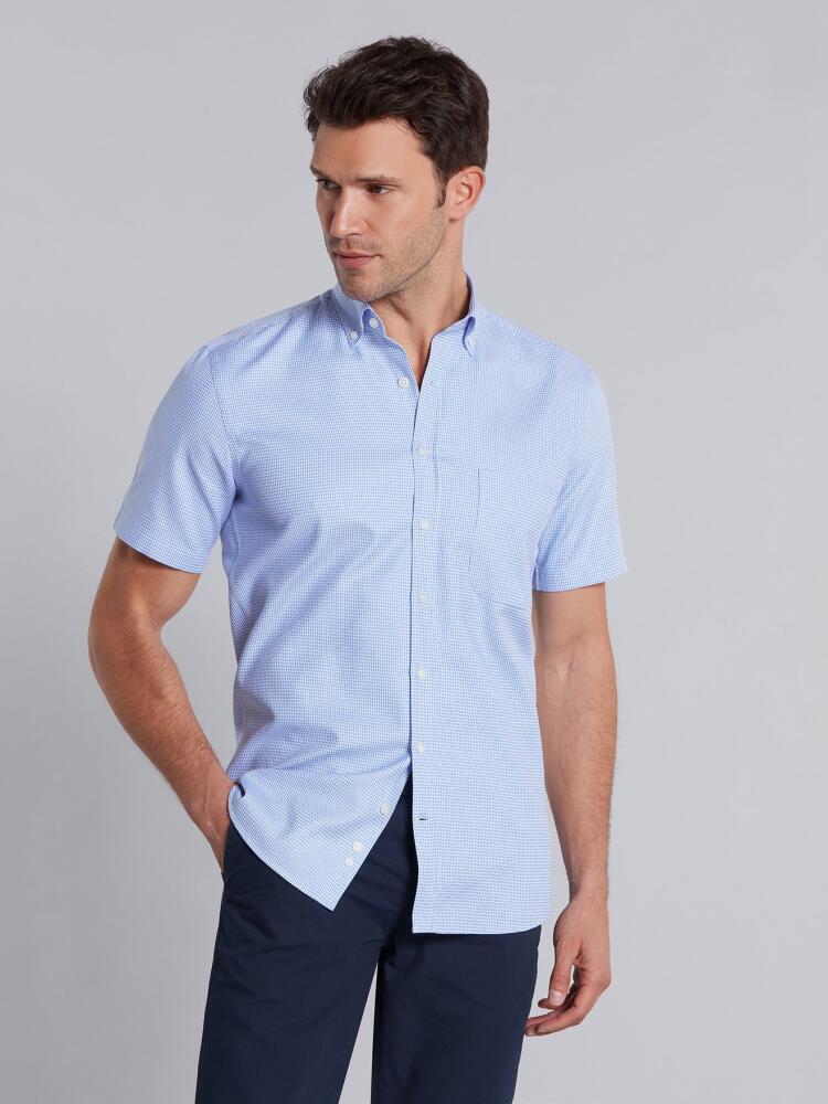 Blue sky and white printed houndstooth twill shirt - Short sleeves