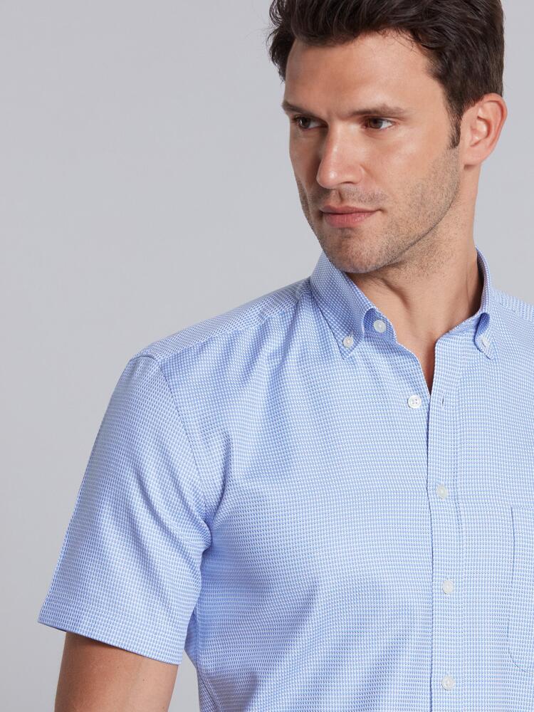 Blue sky and white printed houndstooth twill shirt - Short sleeves