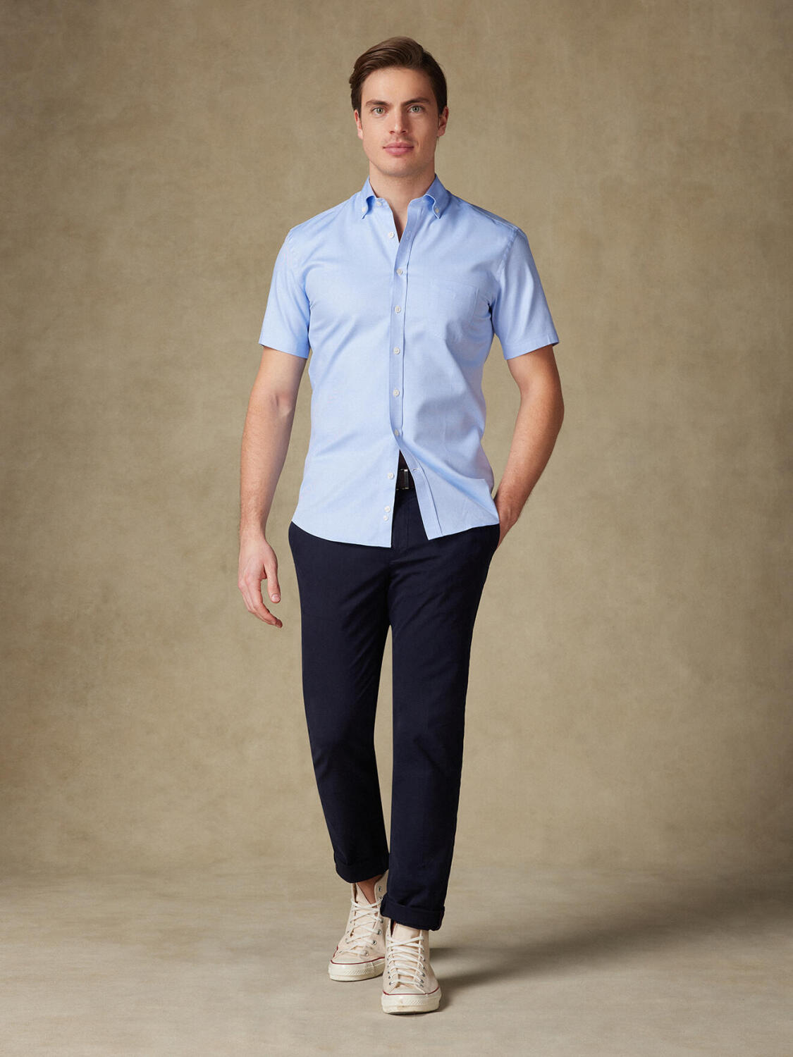 Camicia a maniche corte in twill celeste - Colletto button-down