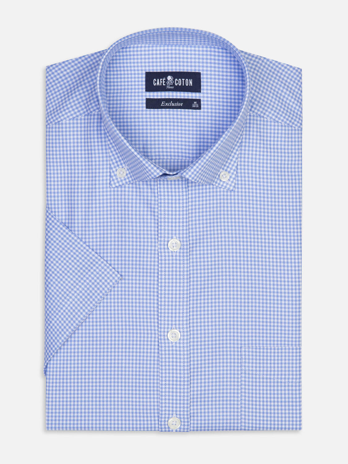 Camicia a maniche corte in vichy celeste - Colletto button-down