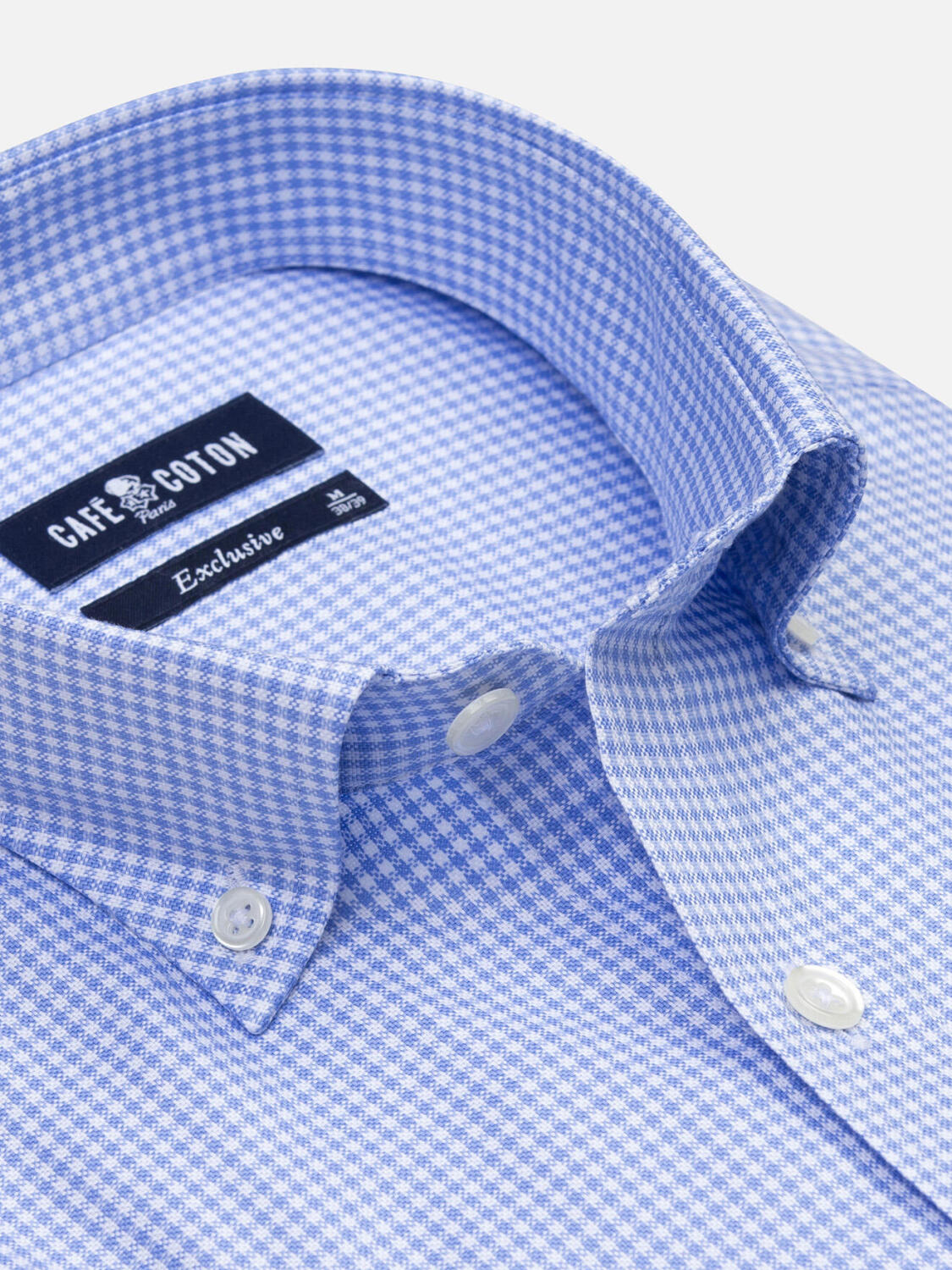 Camicia a maniche corte in vichy celeste - Colletto button-down