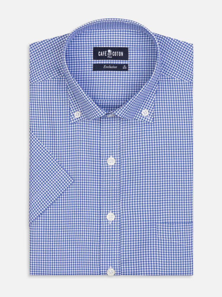 Chemise manches courtes en vichy bleu  - Col boutonné