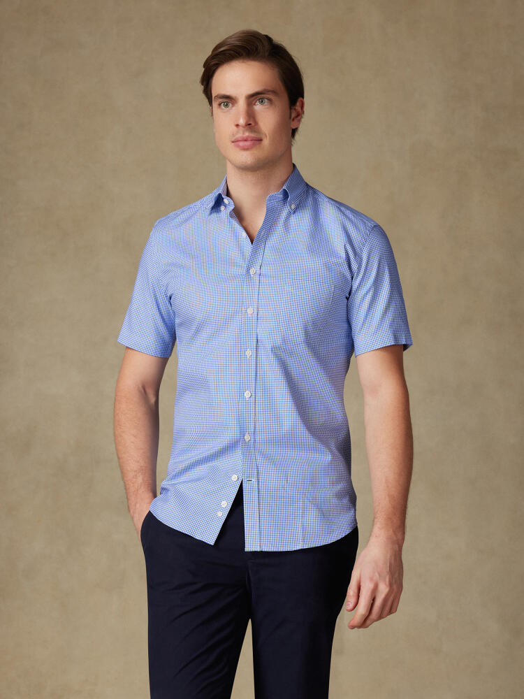 Chemise manches courtes en vichy bleu  - Col boutonné