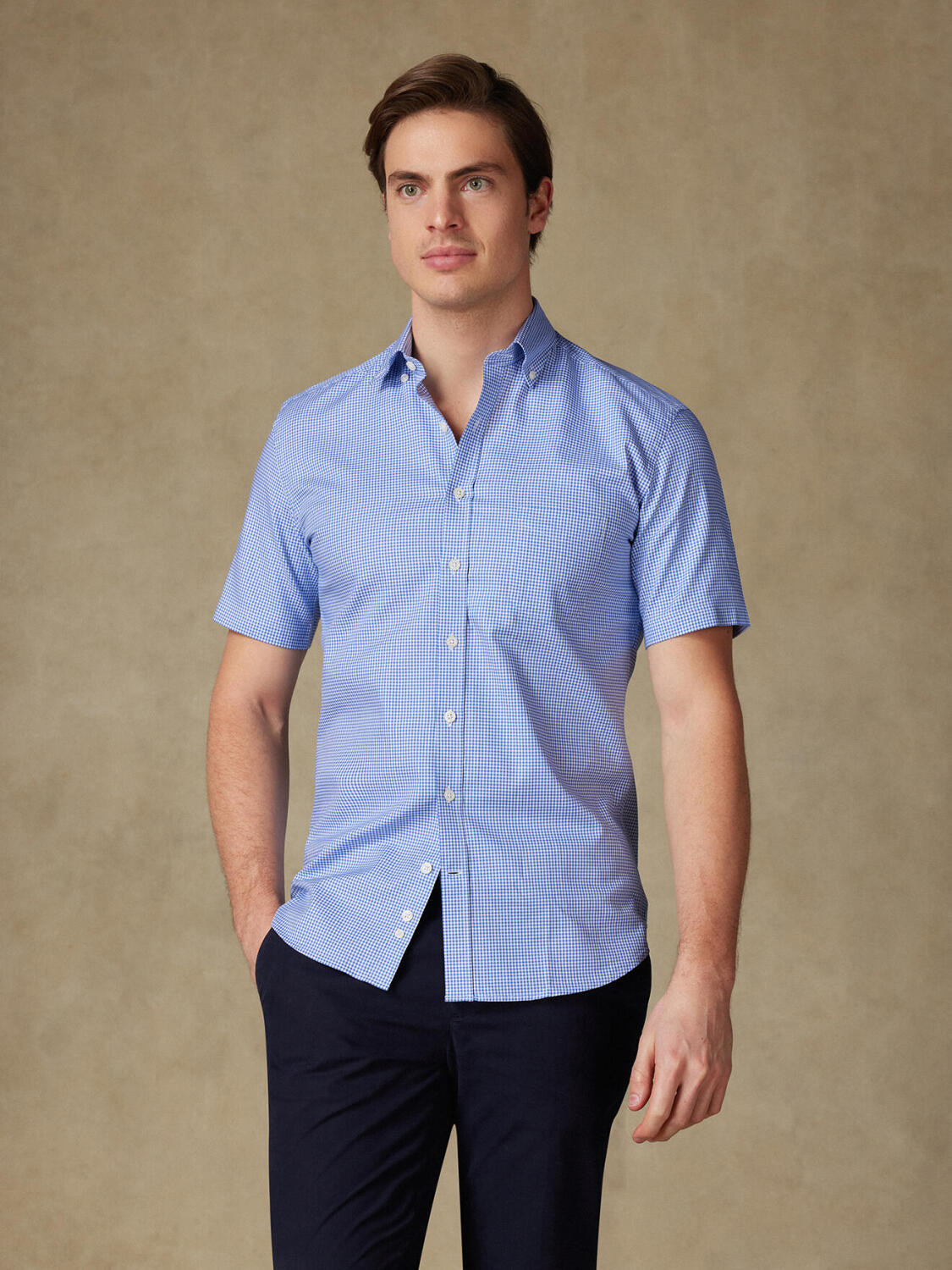 Camisa de manga corta de vichy azul - Cuello abotono