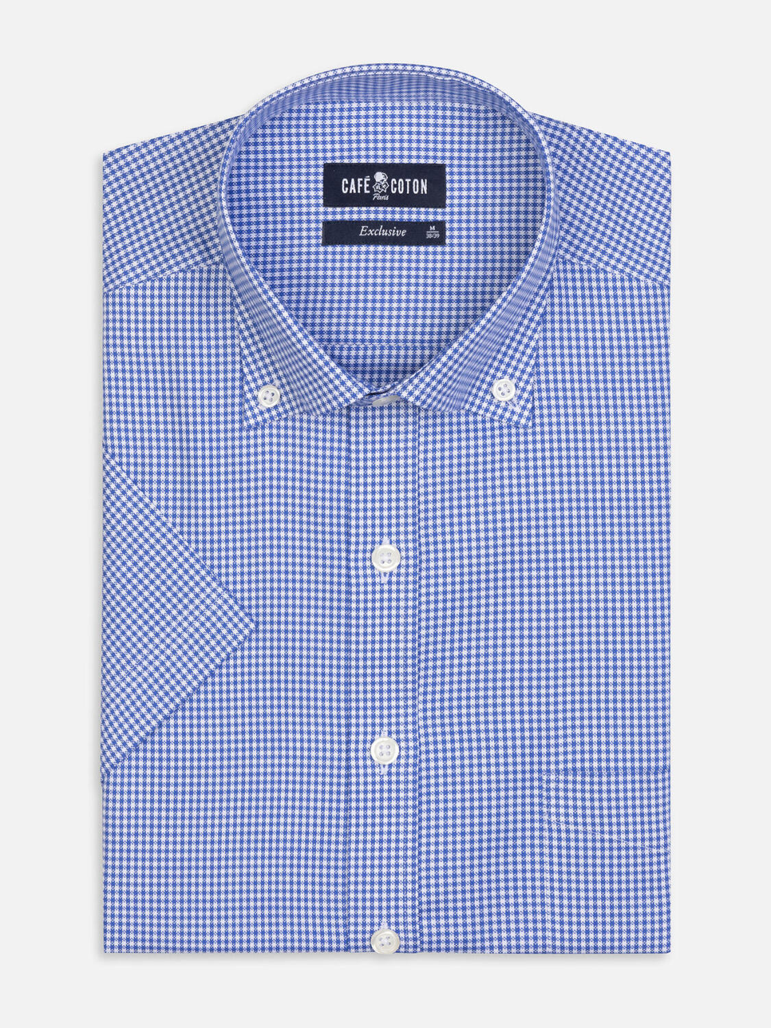 Camisa de manga corta de vichy azul - Cuello abotono