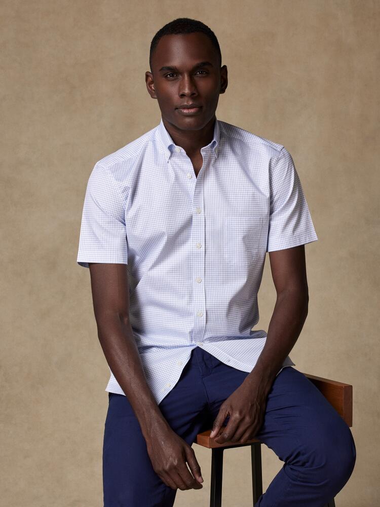 Warren blauw geruit overhemd met korte mouwen - Button down kraag