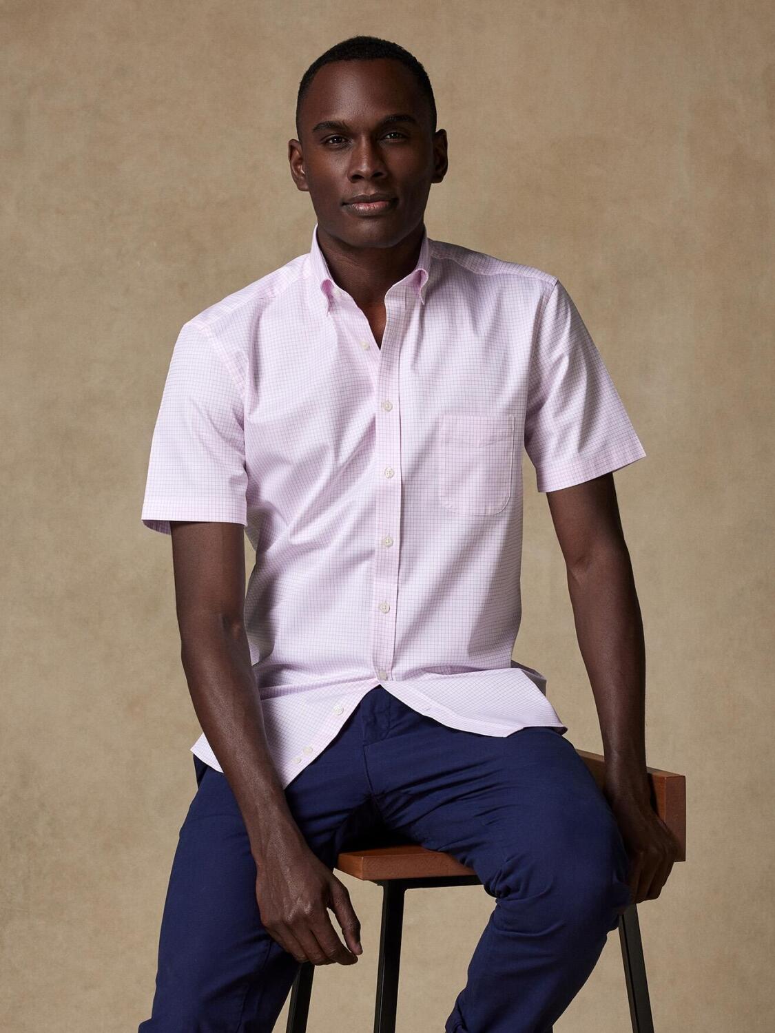 Camicia a maniche corte Warren a quadri rosa - Collo con bottoni