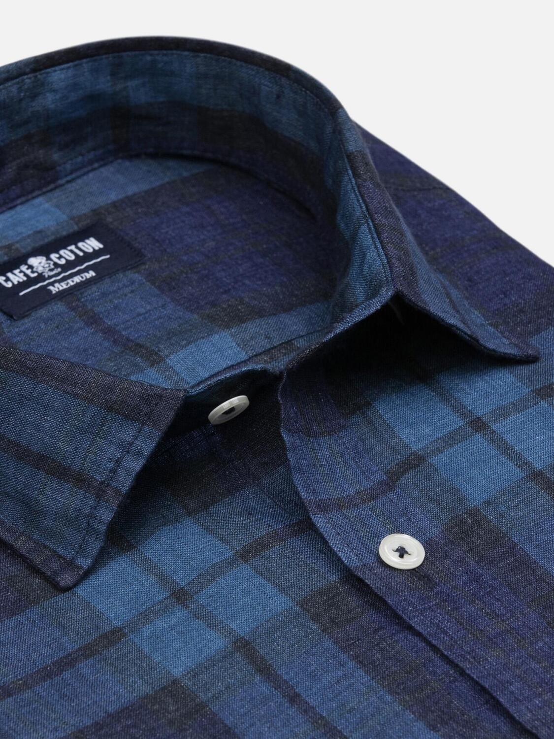 Camicia di lino Archie in tartan indaco