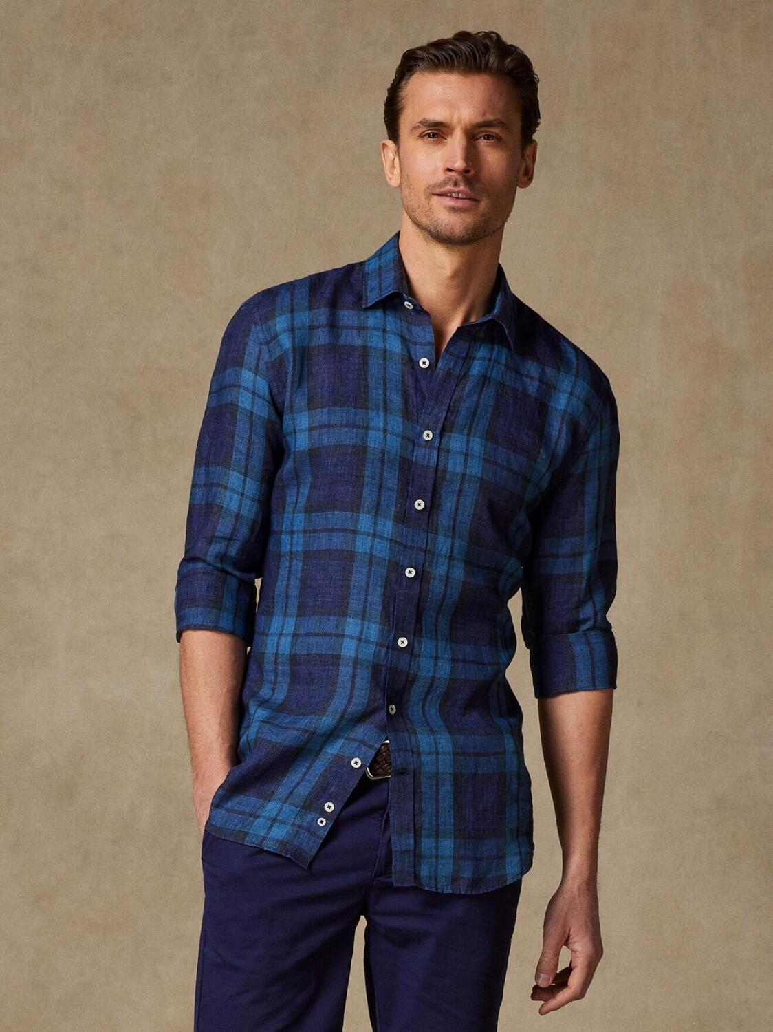 Camicia di lino Archie in tartan indaco