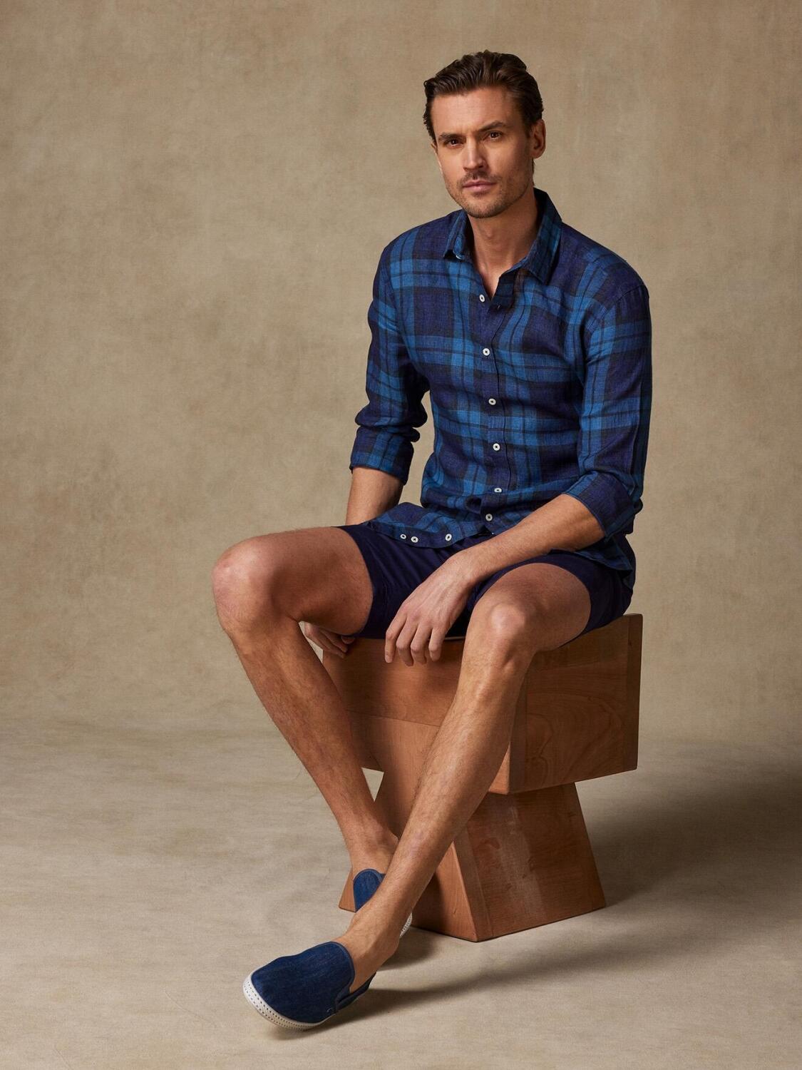 Camicia di lino Archie in tartan indaco