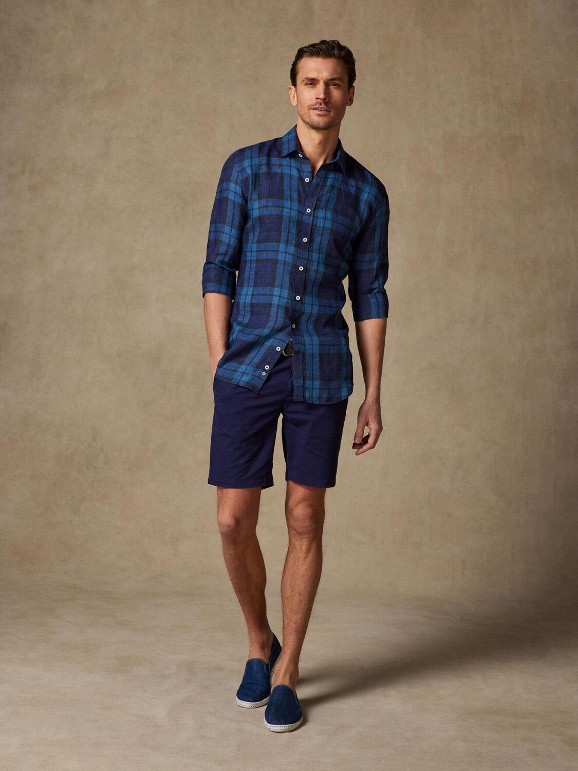 Camicia di lino Archie in tartan indaco