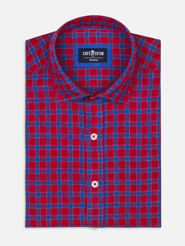 Red linen blue checked shirt