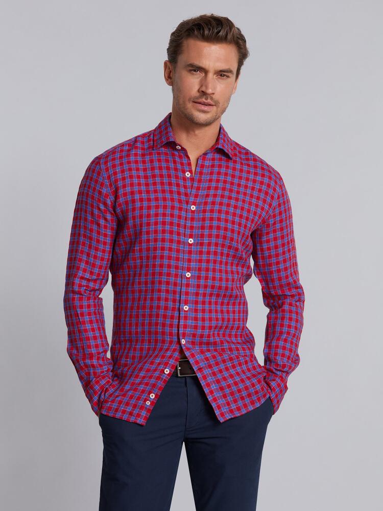 Red linen blue checked shirt