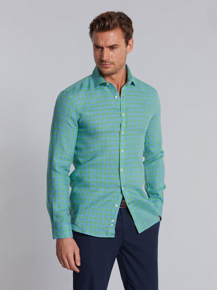 Green linen blue checked shirt