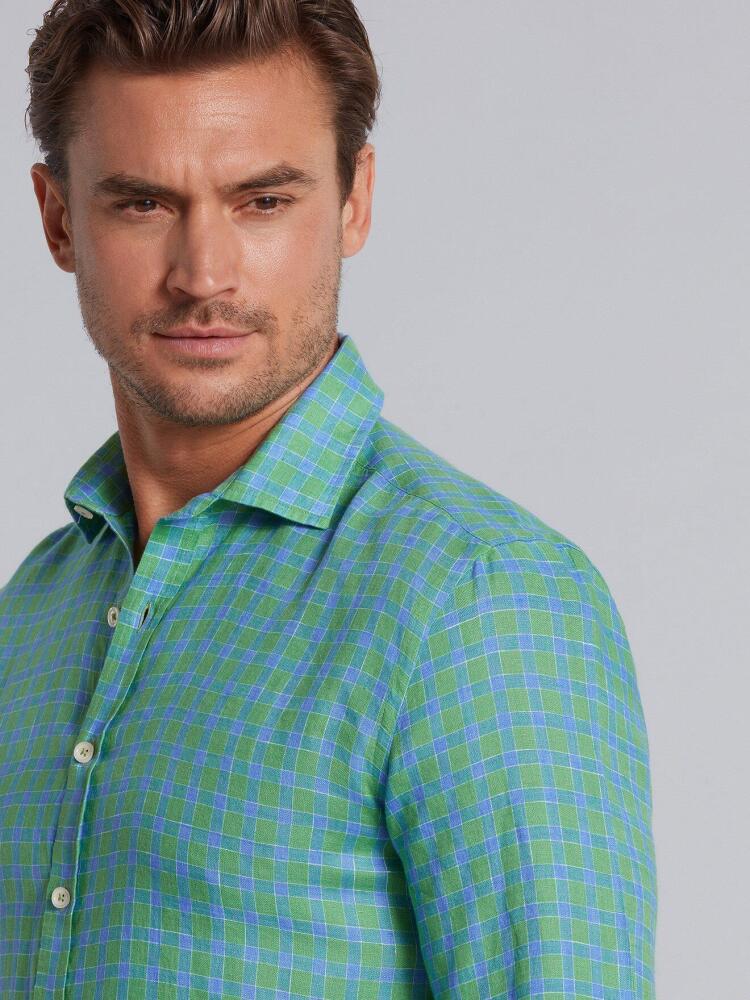 Green linen blue checked shirt