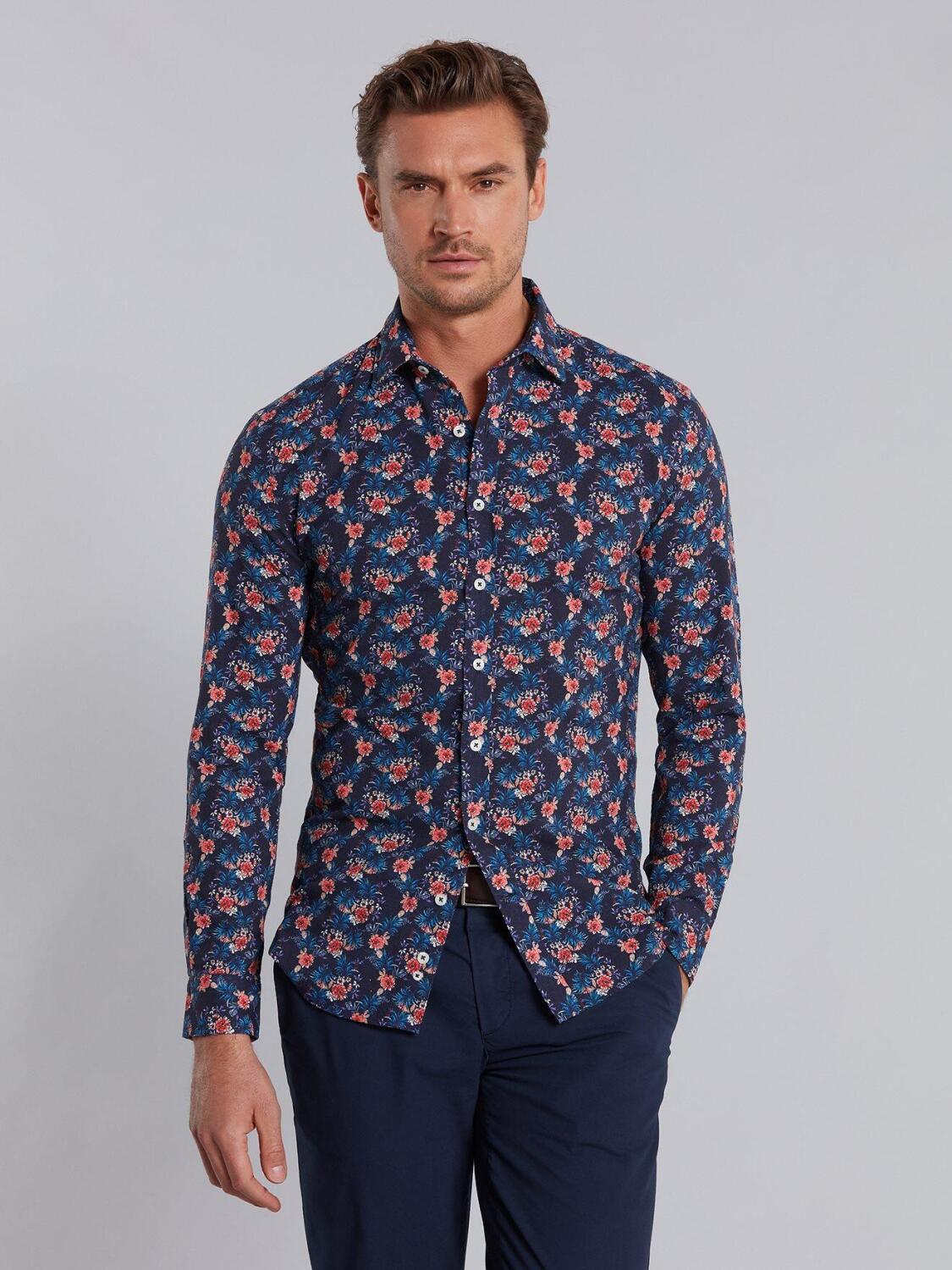 Indigo tropical printed linen shirt