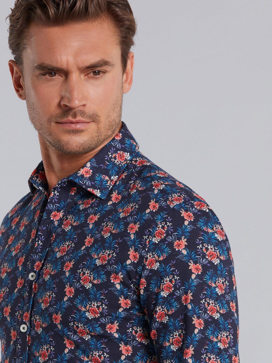 Indigo tropical printed linen shirt