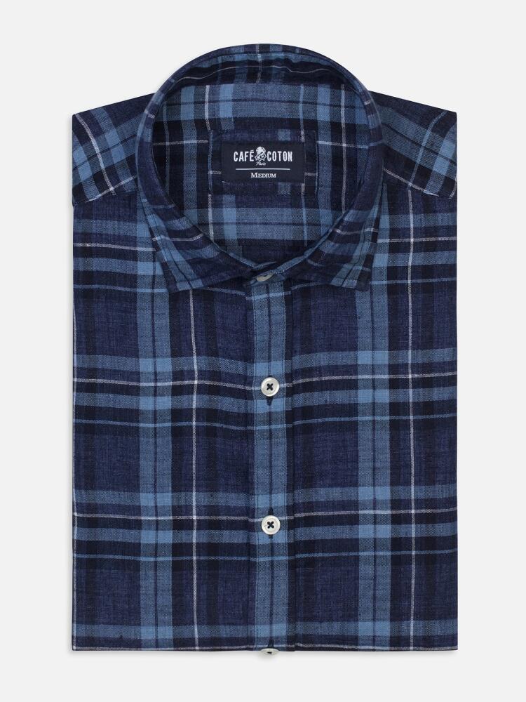 Chemise cintrée Dan en lin marine à motifs tartans