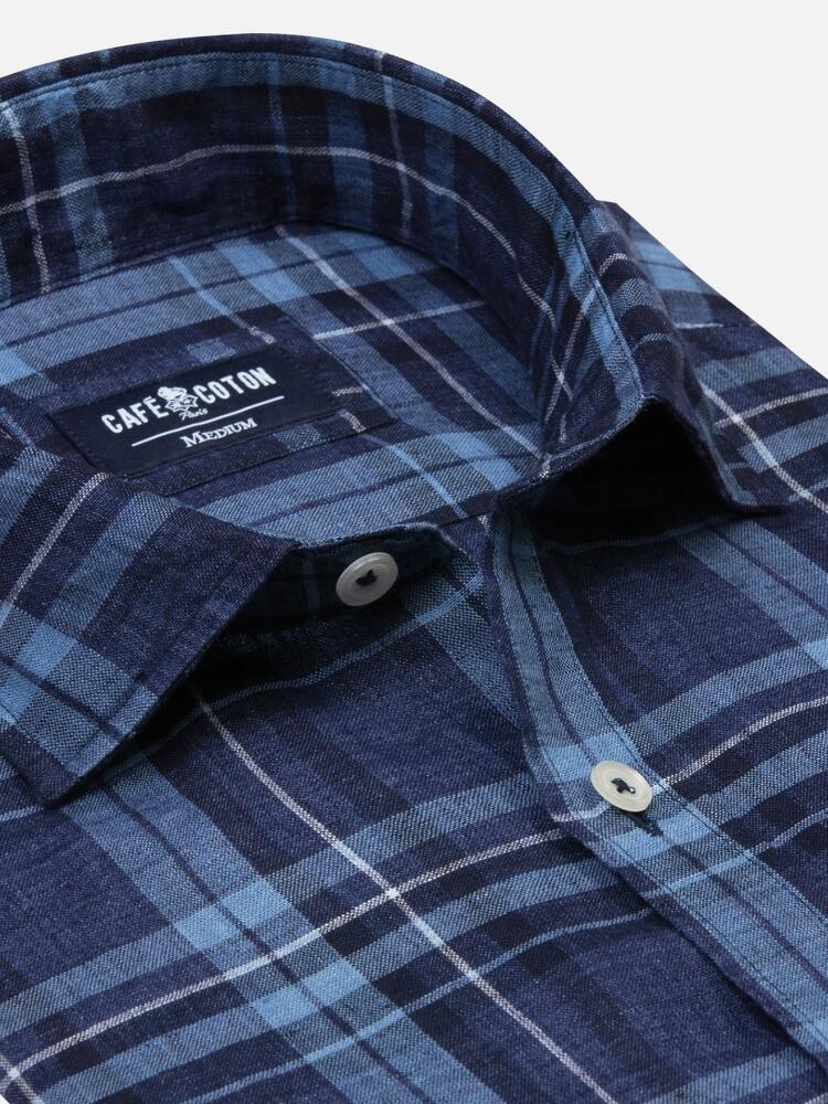 Navy and blue tartan linen slim fit shirt