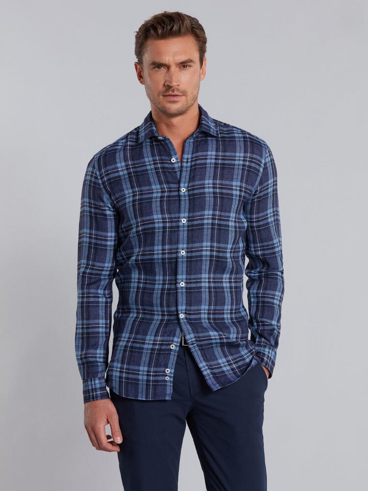 Chemise cintrée Dan en lin marine à motifs tartans