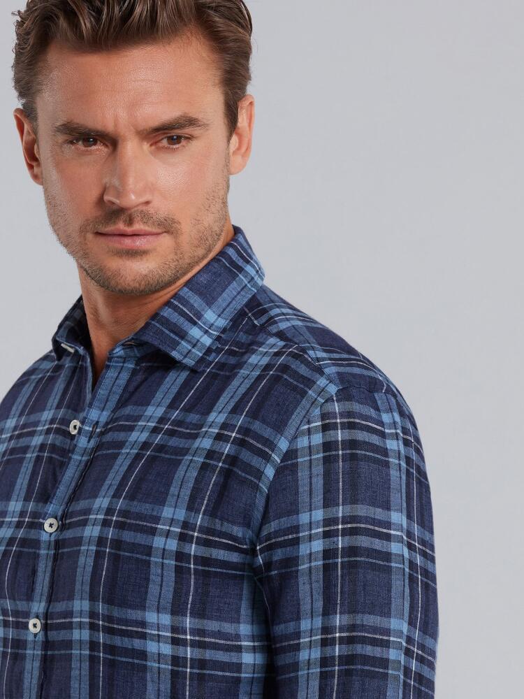 Chemise cintrée Dan en lin marine à motifs tartans