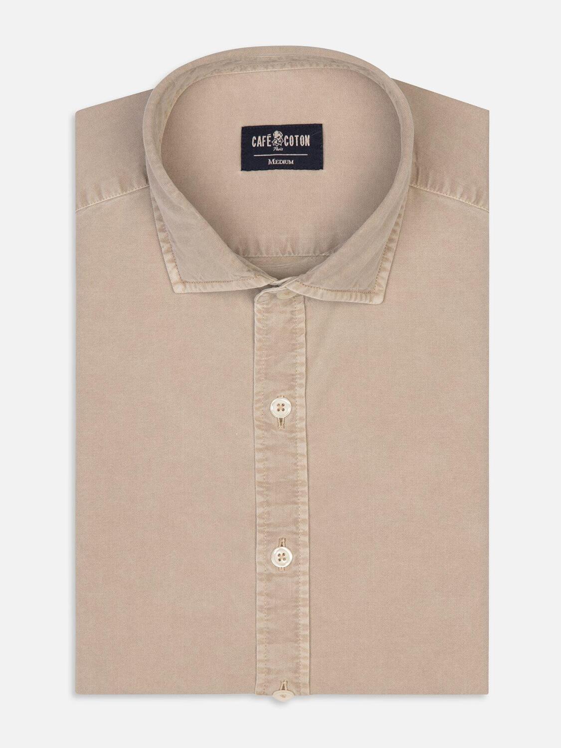 Sand coloured washed gabardine slim fit shirt