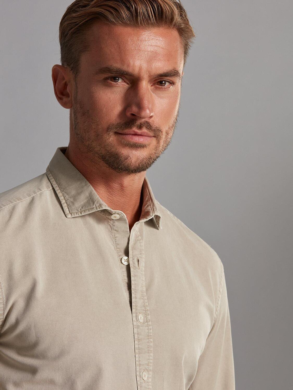 Sand coloured washed gabardine slim fit shirt