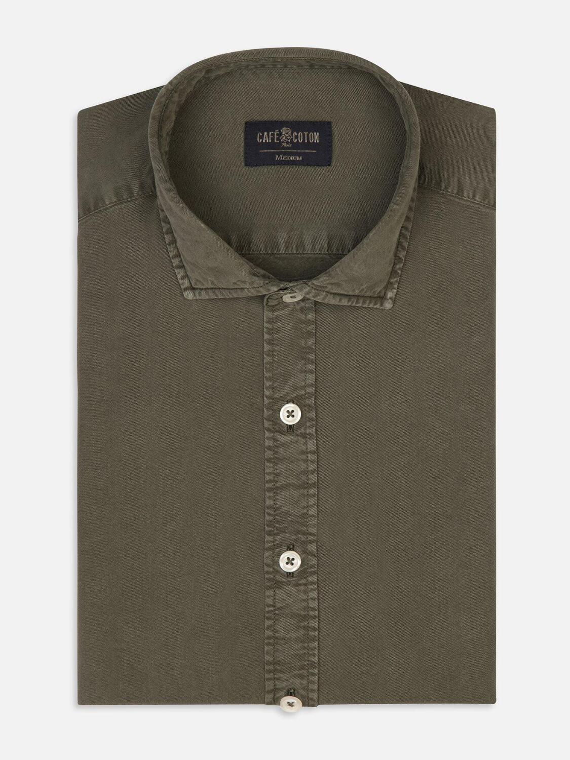Khaki washed gabardine slim fit shirt